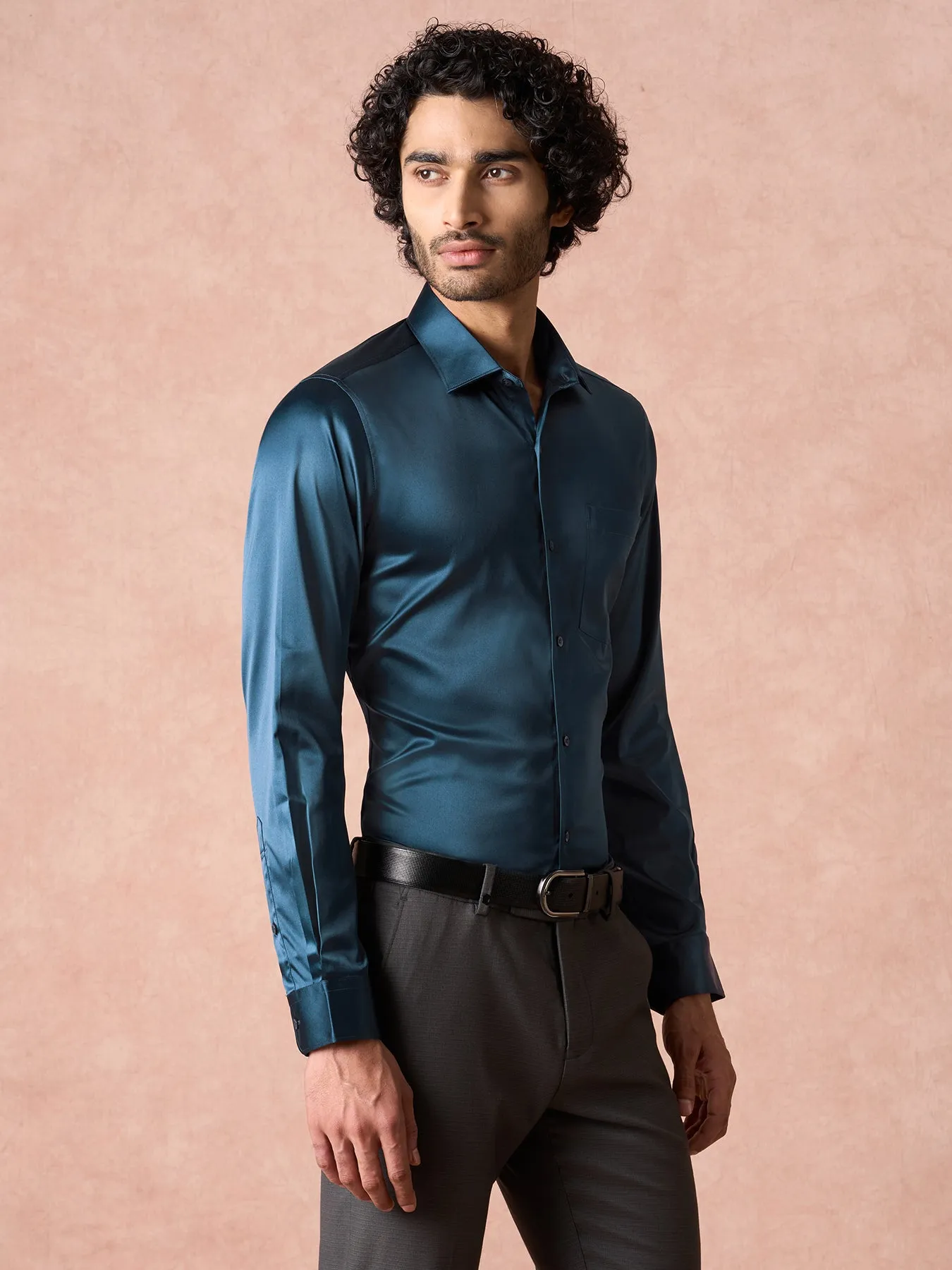 Poly Satin Navy Blue Plains Slim Fit Full Sleeve Ceremonial Shirt