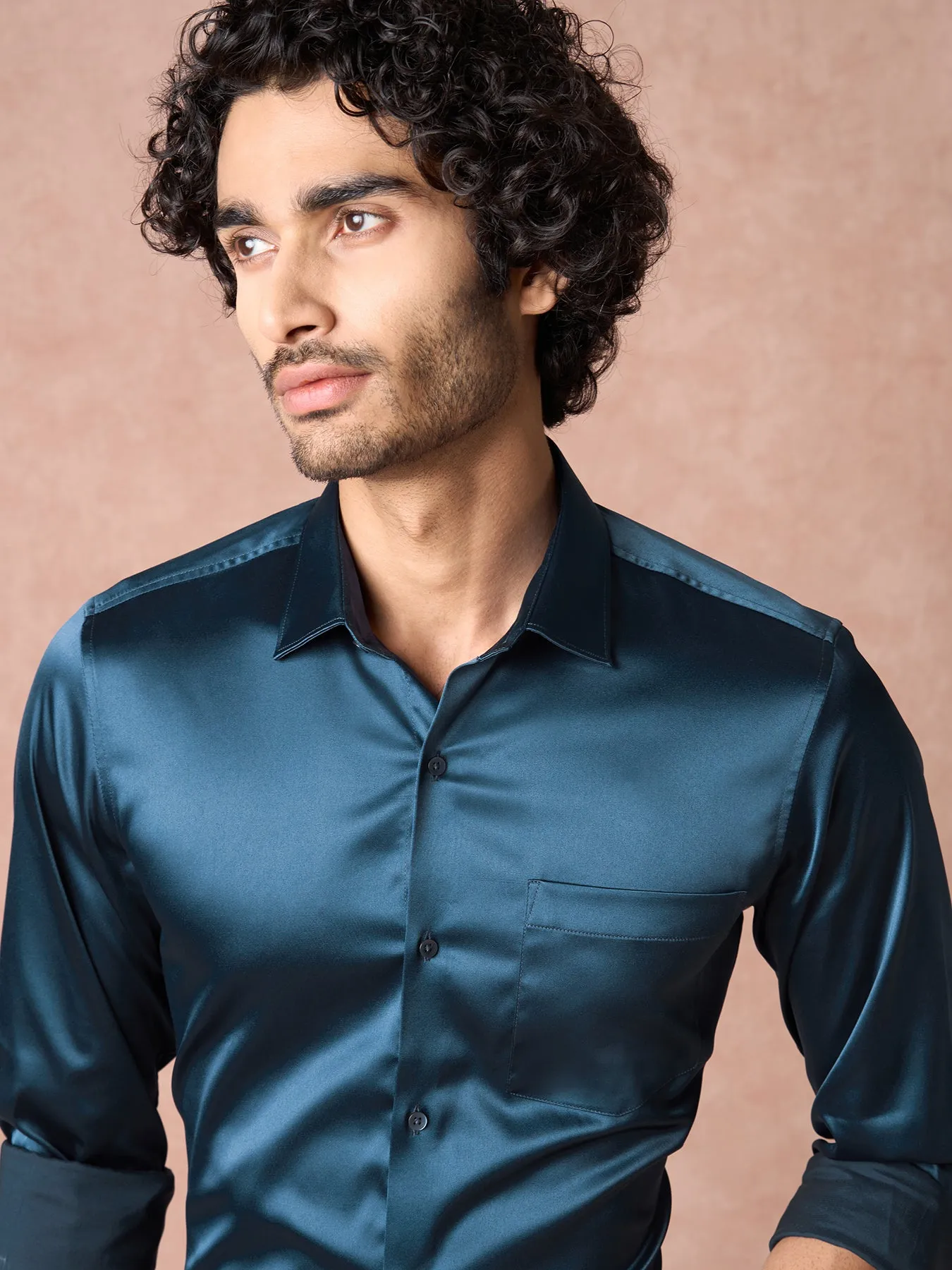 Poly Satin Navy Blue Plains Slim Fit Full Sleeve Ceremonial Shirt