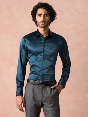 Poly Satin Navy Blue Plains Slim Fit Full Sleeve Ceremonial Shirt