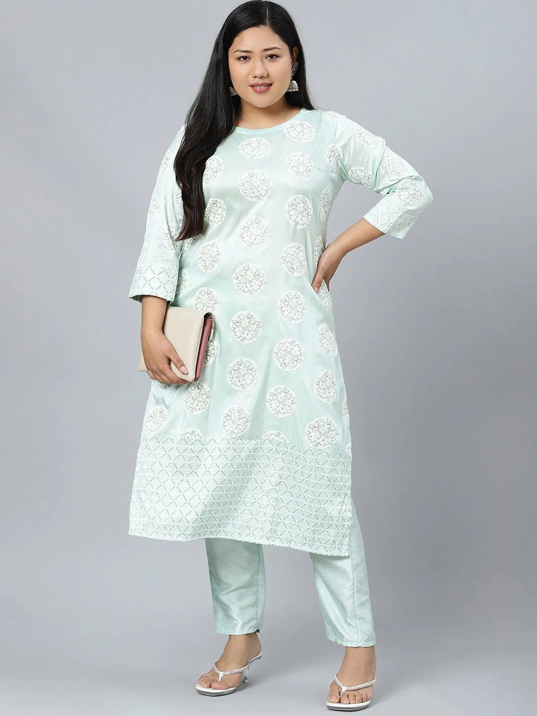 Poly Silk Light Green Khadi Print Kurta Palazzo Set