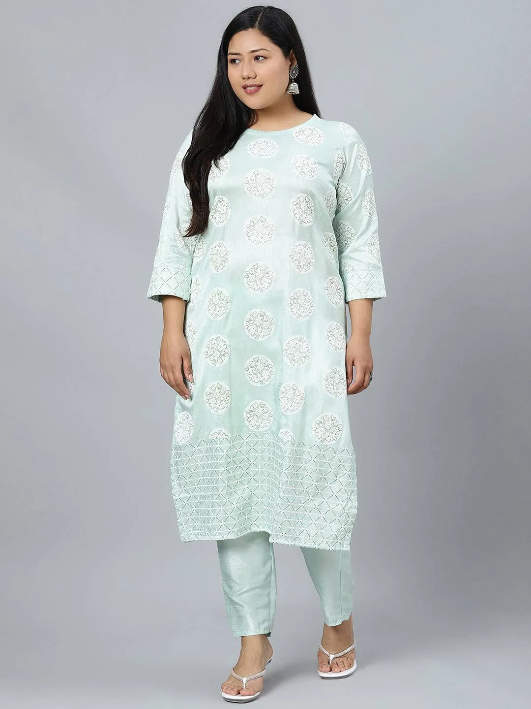 Poly Silk Light Green Khadi Print Kurta Palazzo Set