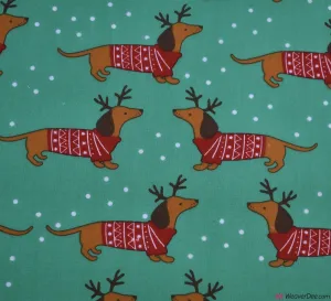 Polycotton Fabric - Christmas Sausage Dog Green