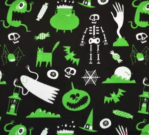 Polycotton Fabric - Halloween Ghost Party Green