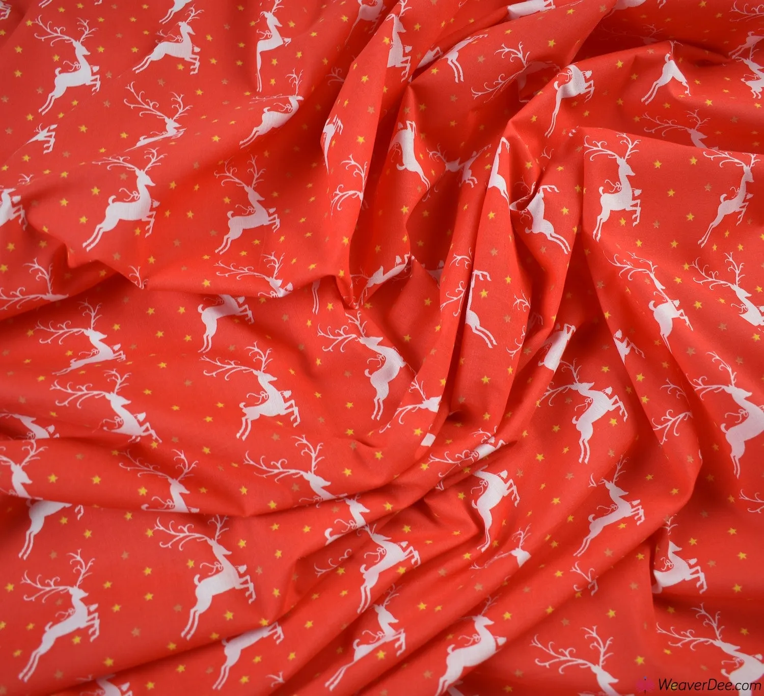 Polycotton Fabric - Reindeer & Stars Red