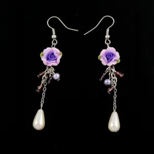 Polymer Rose and Teardrop Pearl Earrings