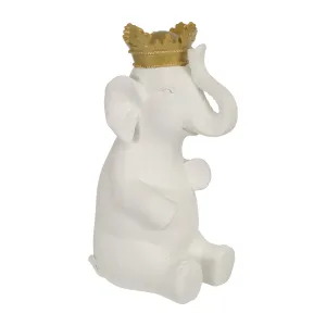 Polyresin 14"H Elephant W/ Crown, White/Gold