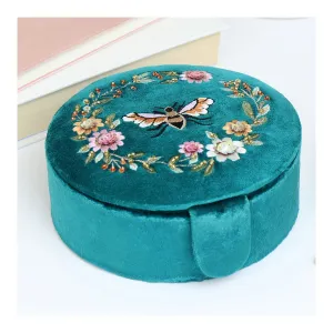 POM Bright Teal Bee Floral Embroided Round Jewerly Box