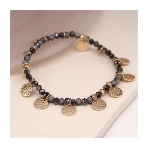 POM Crystal Bead Bracelet With Hammered Faux Gold Discs (Black/grey )