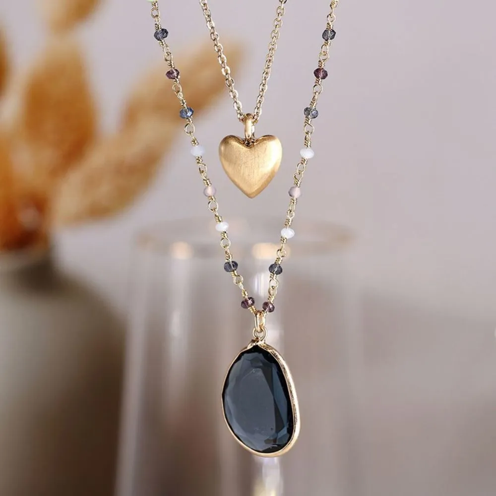 POM Golden Double Strand Heart and Blue Crystal Necklace