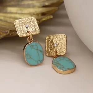 POM Golden Embossed Square and Turquoise Drop Earrings