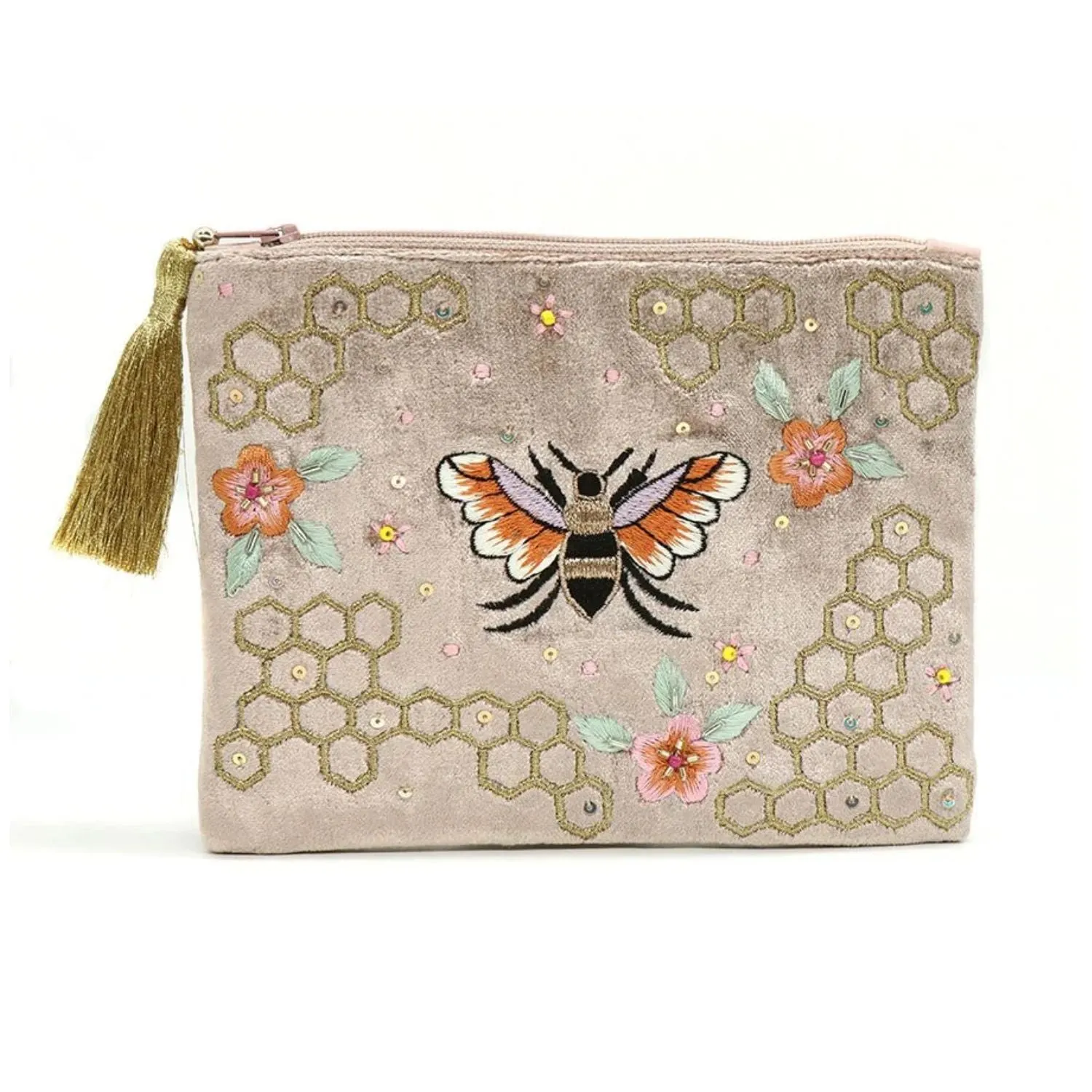 POM Golden Velvet Bee & Honeycomb Embroidered Tassel Pouch