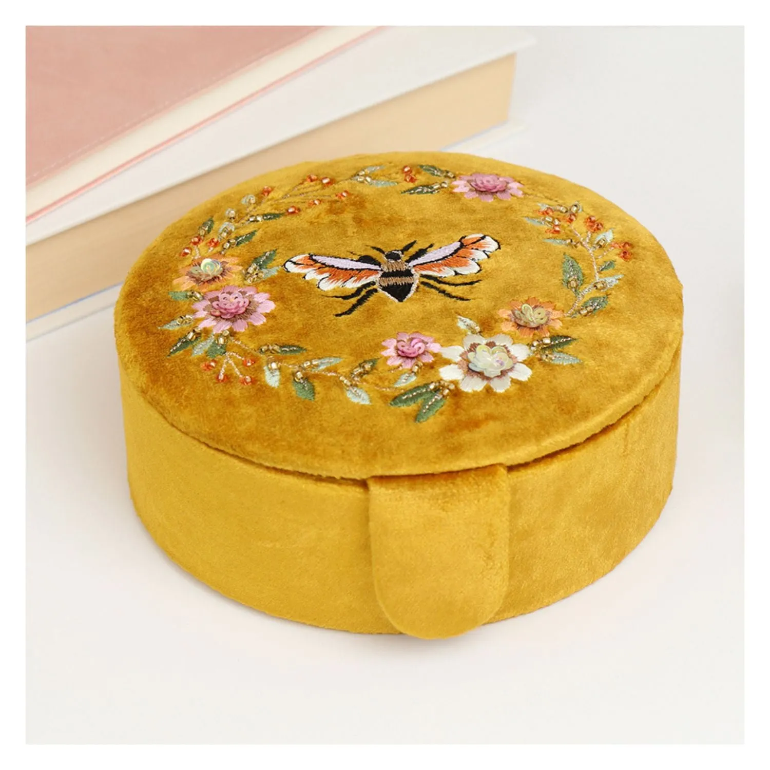 POM Mustard Bee Floral Embroided Round Jewelry Box