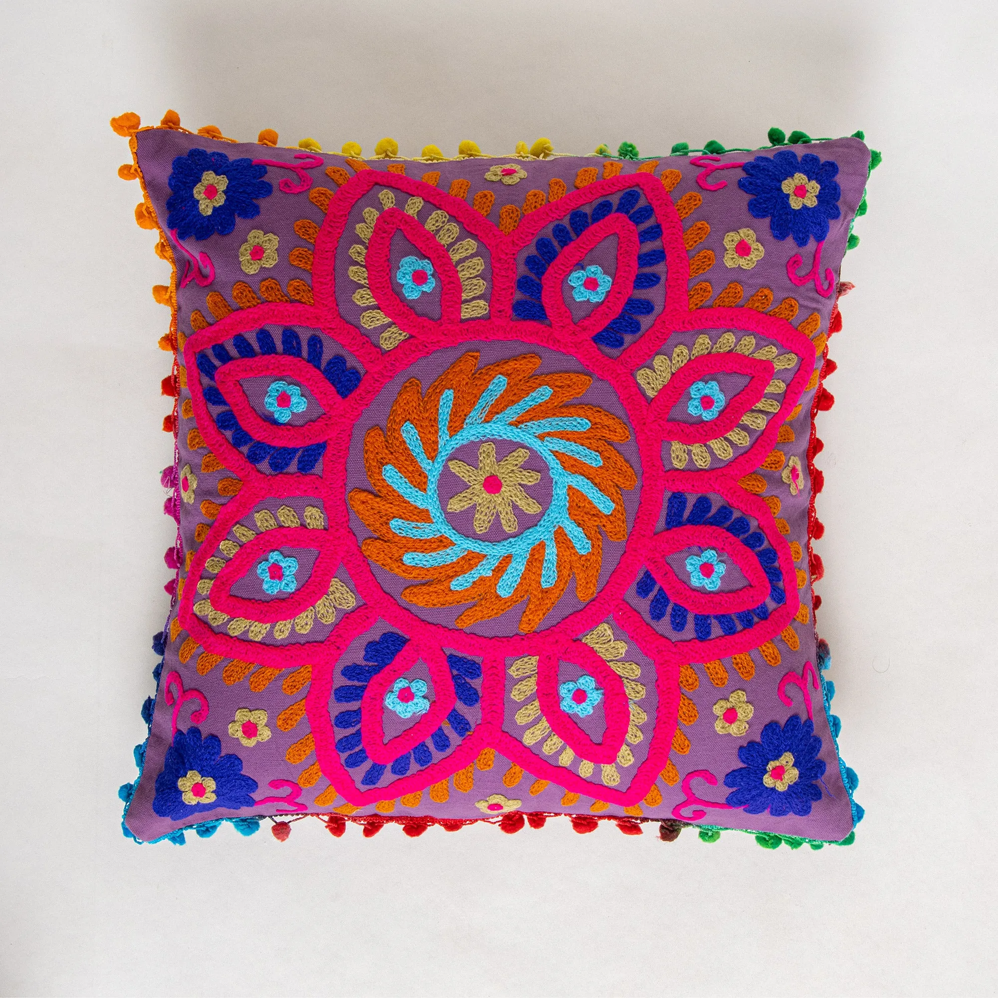 Pom Pom Embroidered Cotton Cushion Cover