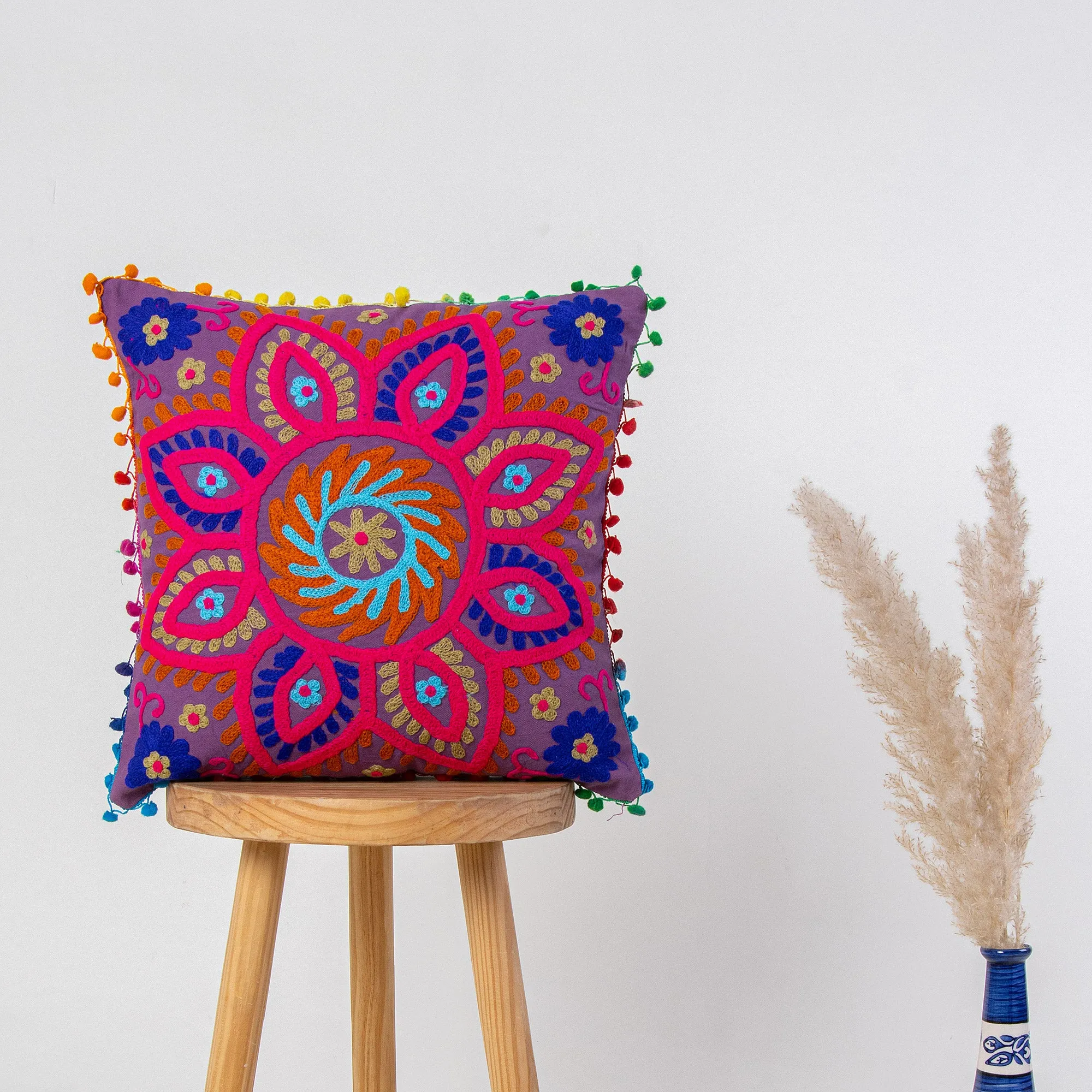 Pom Pom Embroidered Cotton Cushion Cover