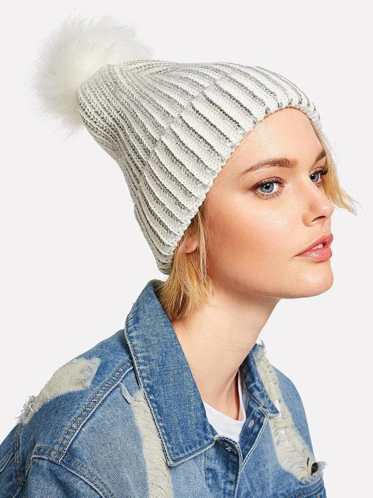 Pom Pom Metallic Beanie Hat