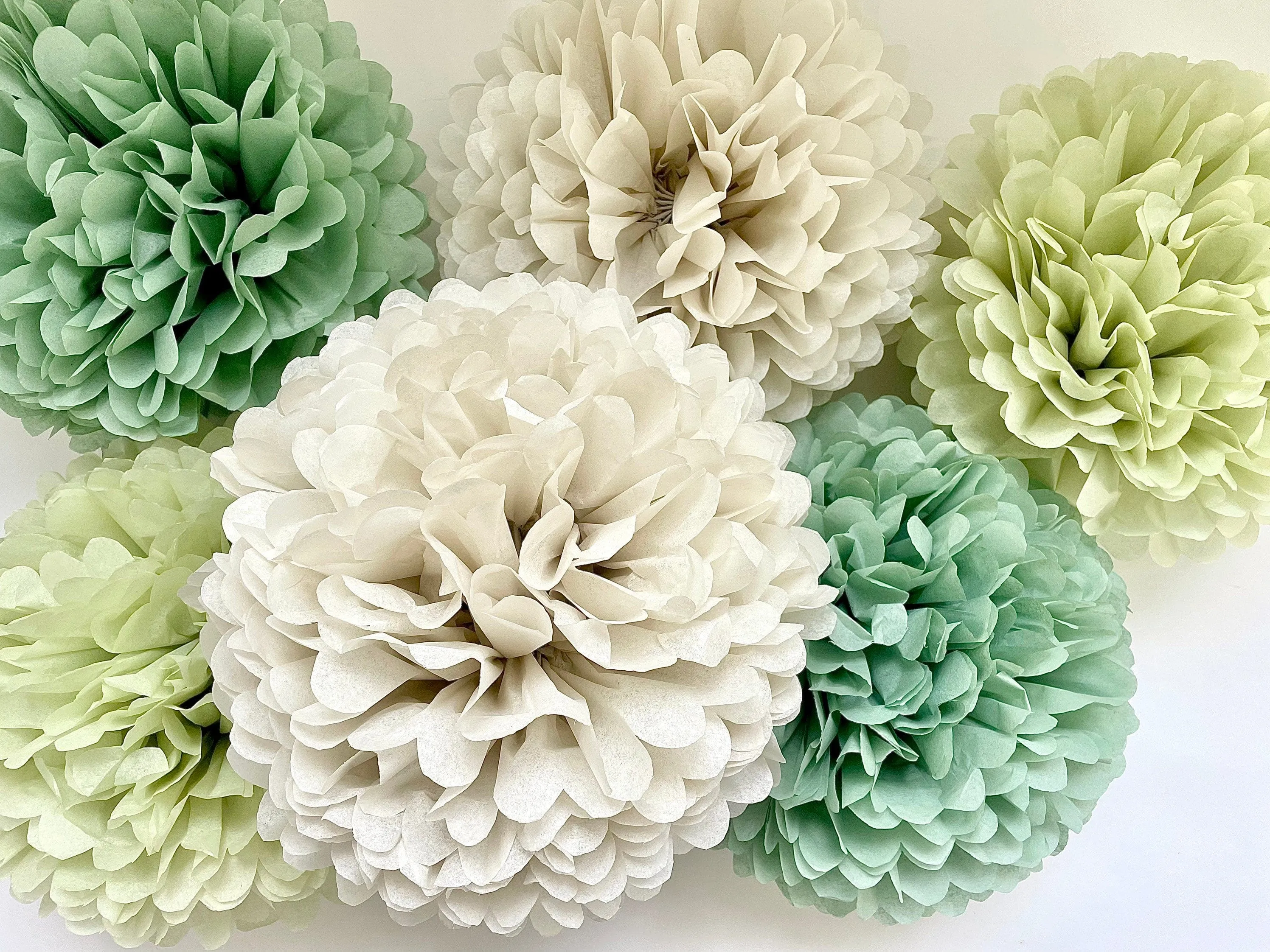 Pom pom set of 16 | sage green Tissue paper pom poms | dusty green Paper flowers | Wedding decor | cream and green party decor