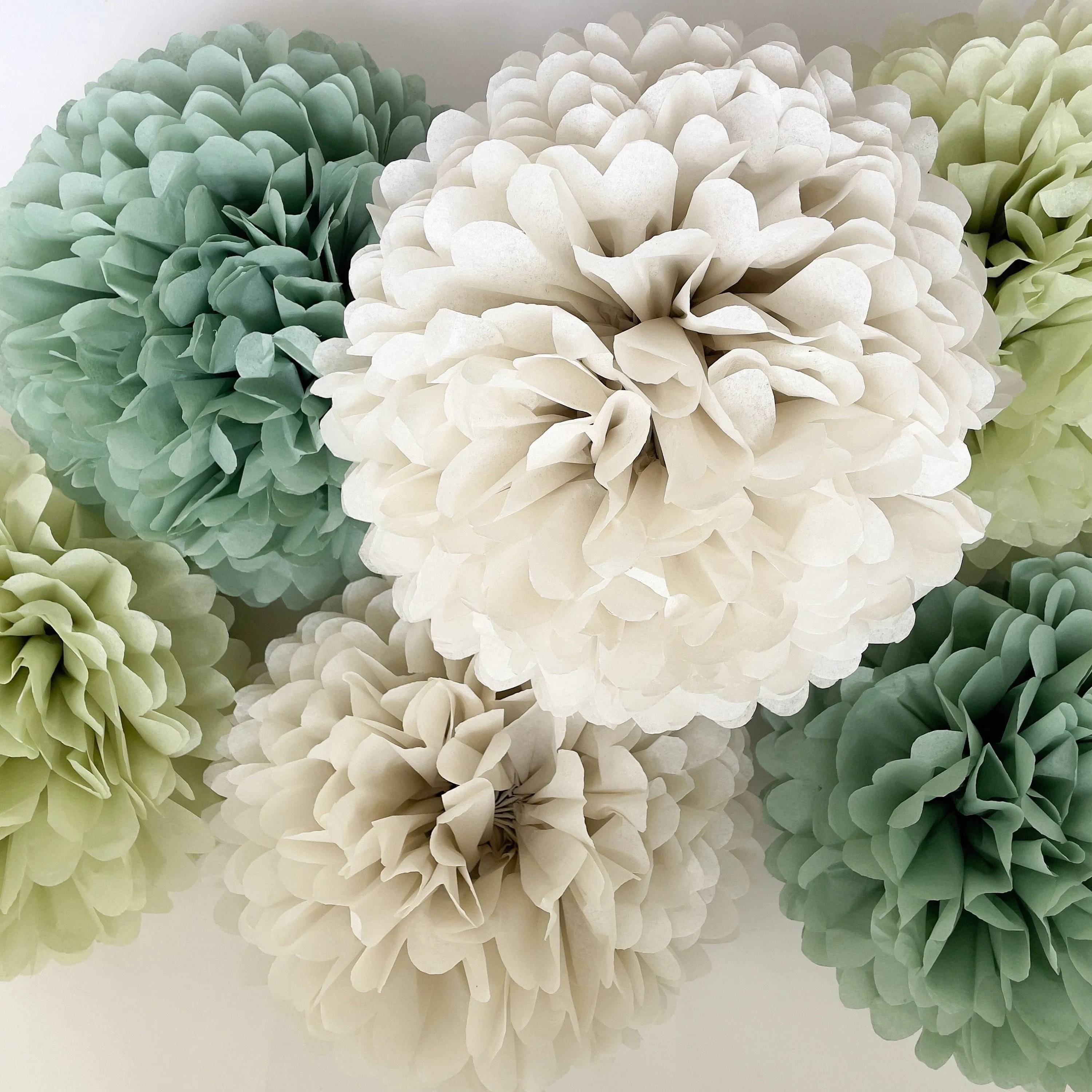 Pom pom set of 16 | sage green Tissue paper pom poms | dusty green Paper flowers | Wedding decor | cream and green party decor