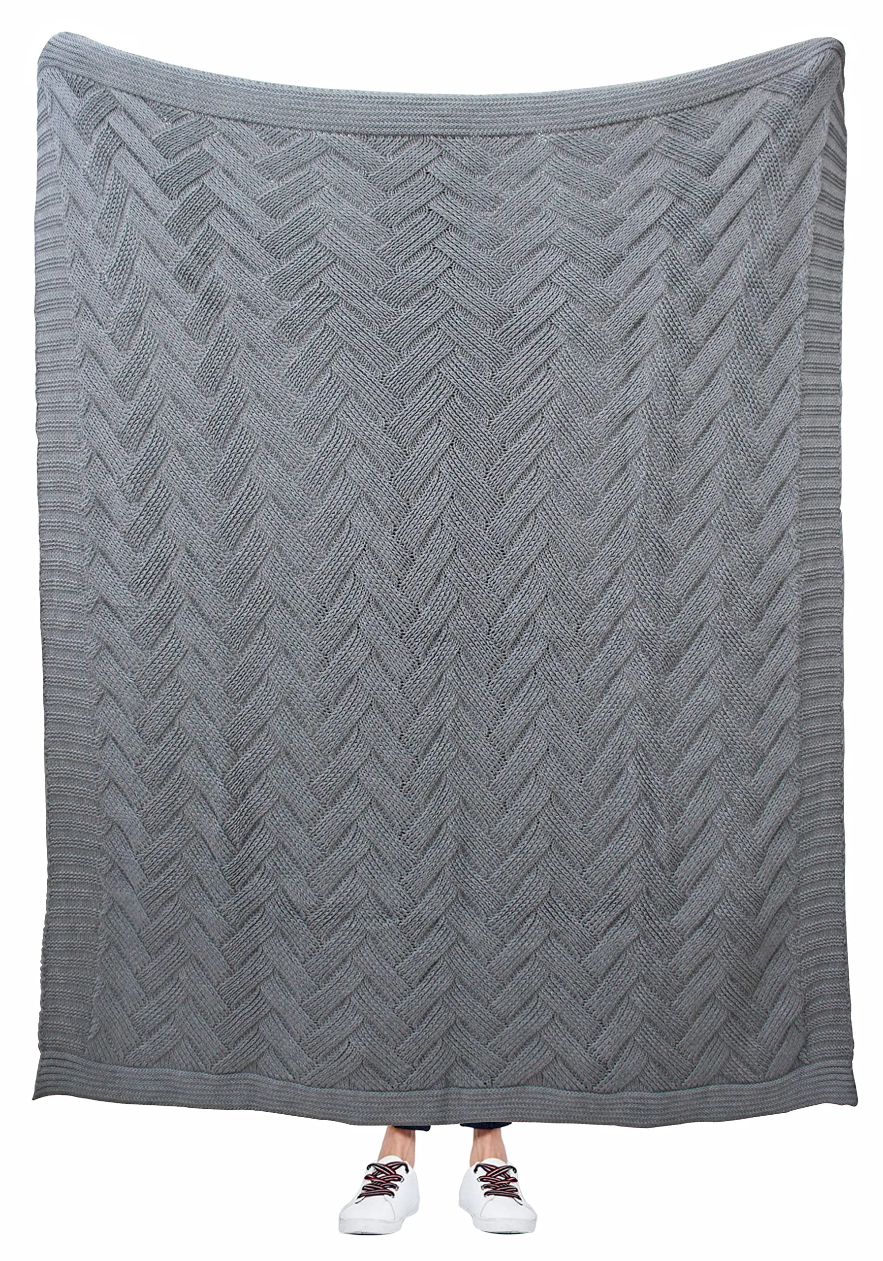 POMME Cotton Knitted Throw Blanket for Sofa Quite Grey, Size - 180x130 Cm