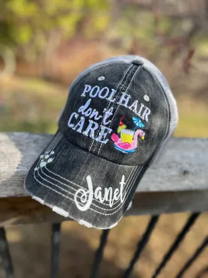 Pool hats Pool hair dont care Flamingo with umbrella drink Personalize Embroidered trucker caps