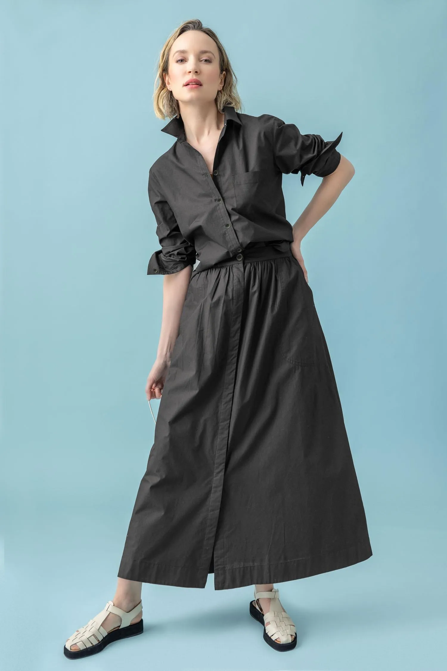 Poplin Button Front Skirt