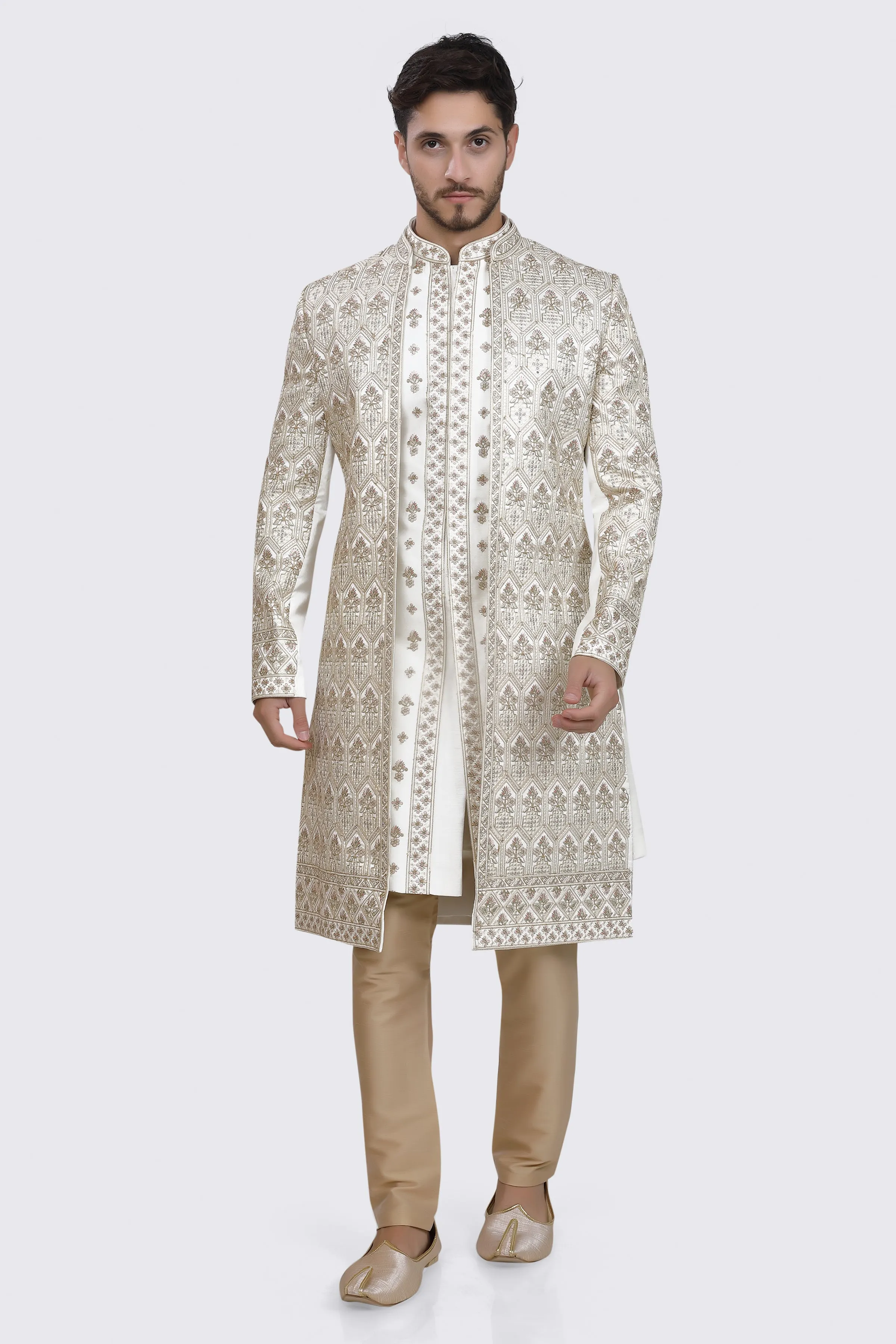 Porcelain white mens sherwani kurta and pyjama set