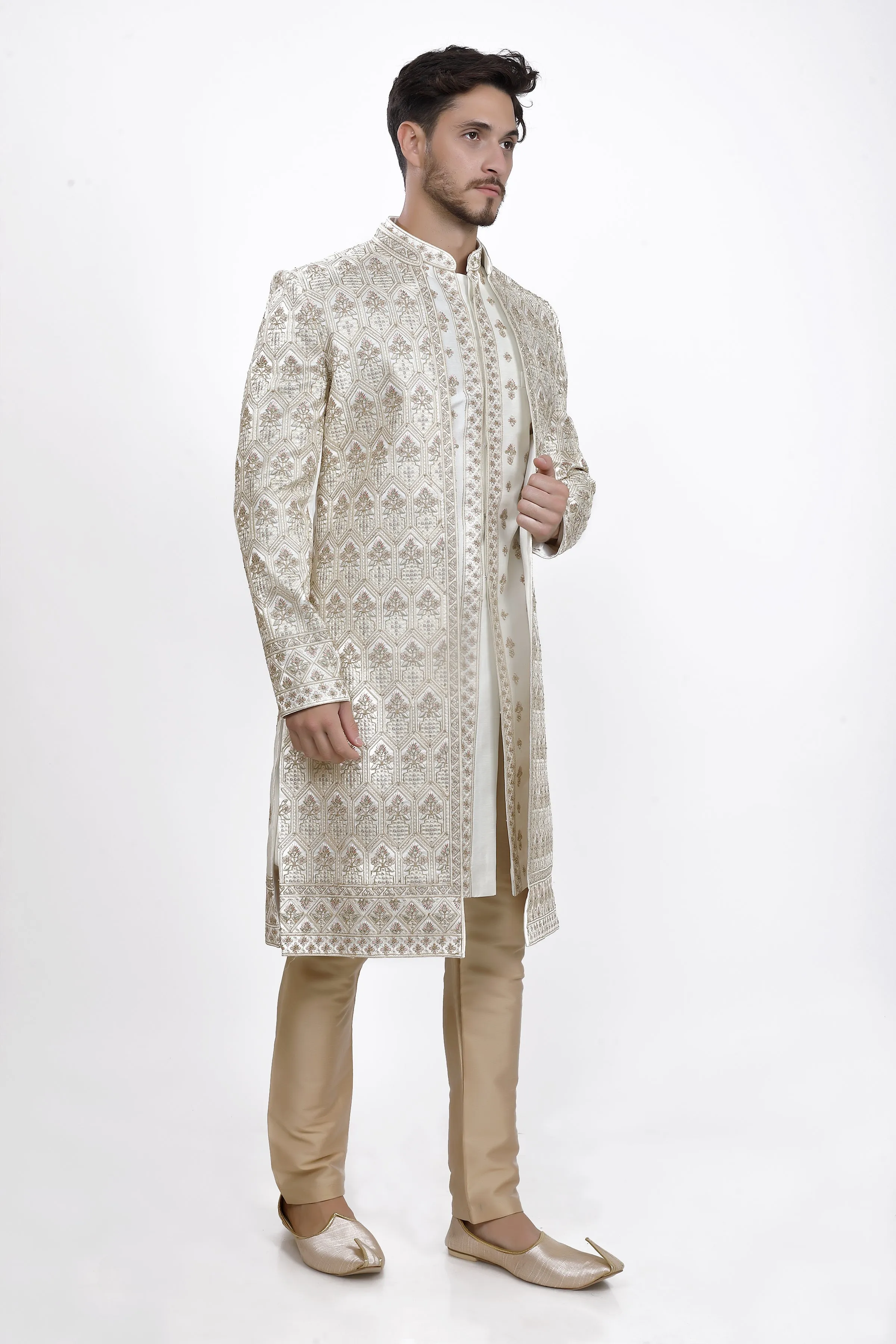 Porcelain white mens sherwani kurta and pyjama set