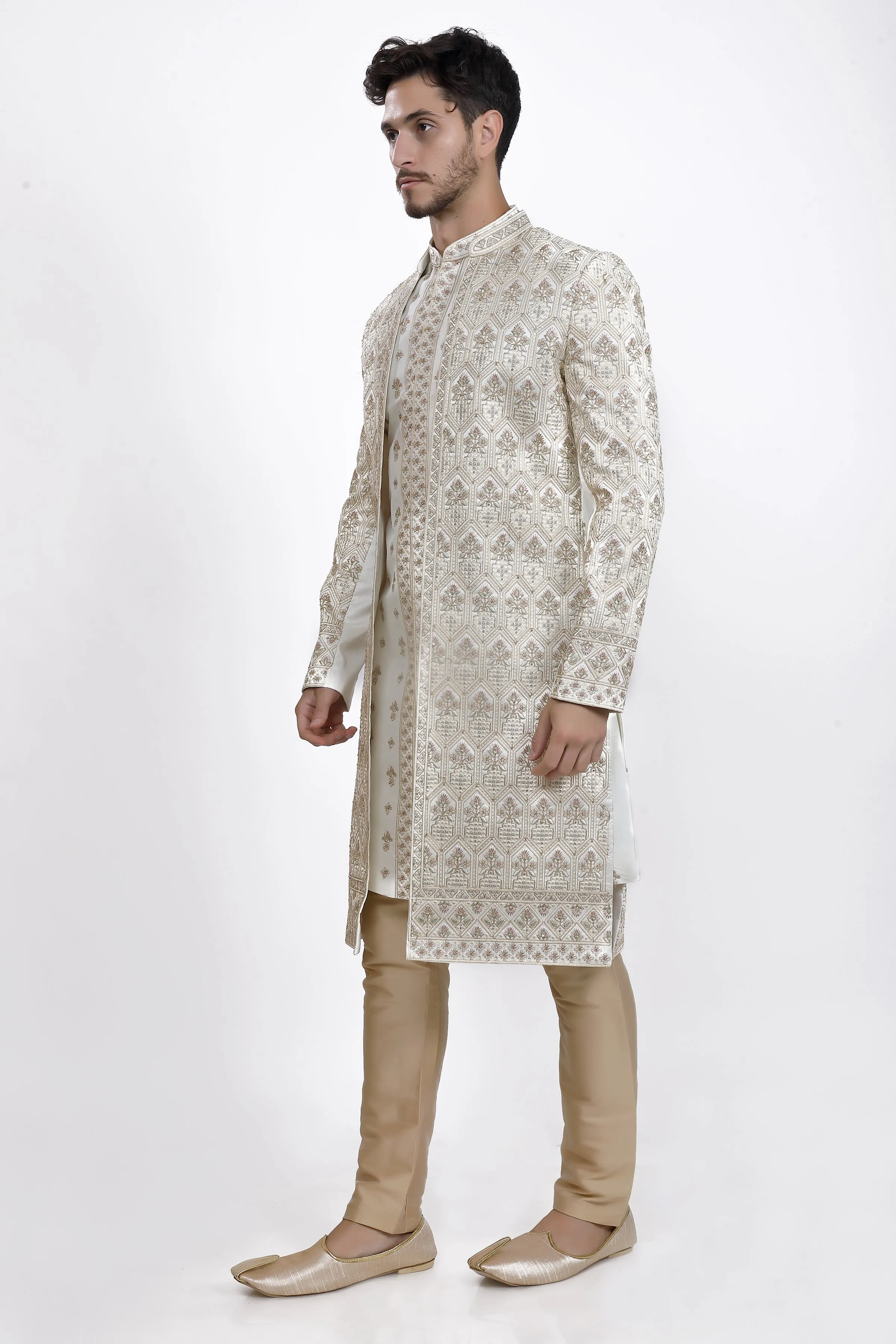 Porcelain white mens sherwani kurta and pyjama set