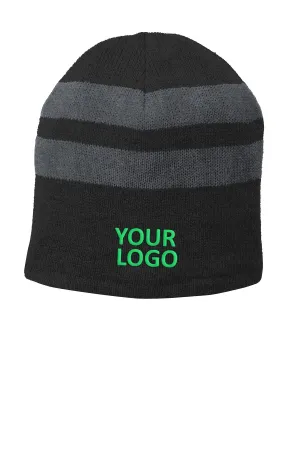 Port & Company Fleece Lined Striped Custom Beanies, Black/ Oxford