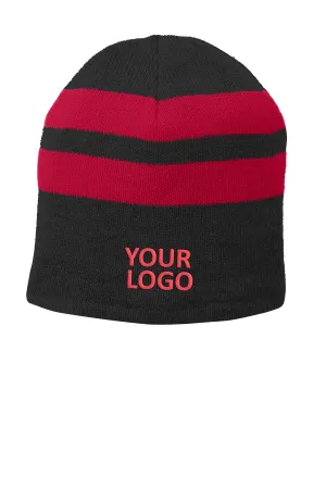 Port & Company Fleece Lined Striped Custom Beanies, Black/ Red