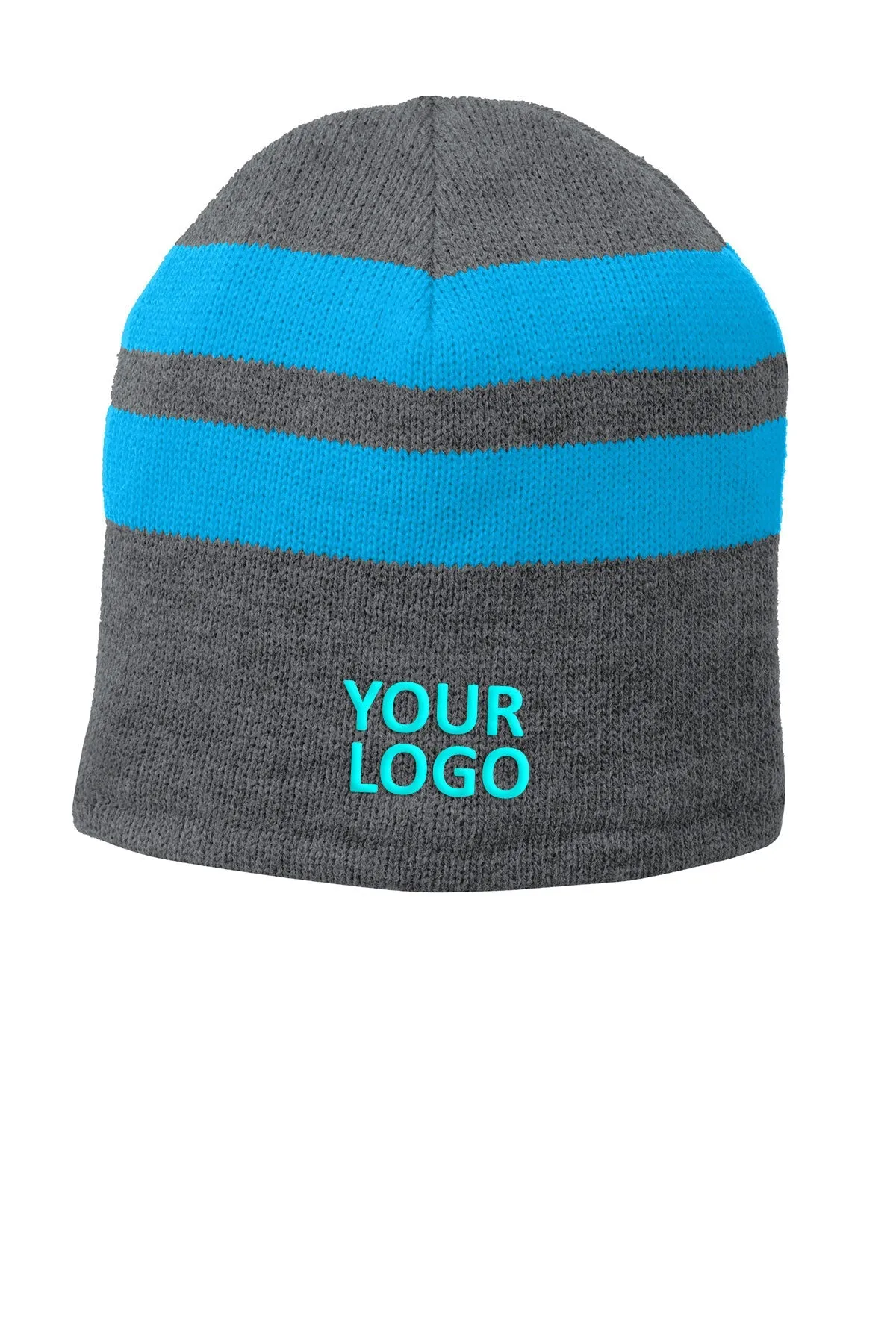 Port & Company Fleece Lined Striped Custom Beanies, Oxford/ Neon Blue