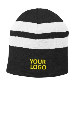 Port & Company Fleece Lined Striped Customized Beanies, Black/ White