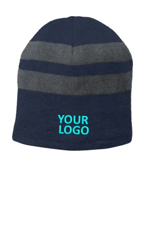 Port & Company Fleece Lined Striped Customized Beanies, Navy/ Oxford