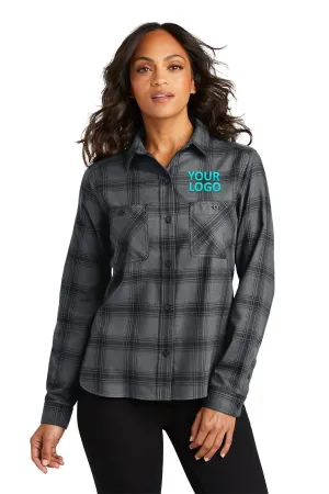 Port Authority Ladies Custom Plaid Flannel Shirts, Grey/ Black Open Plaid