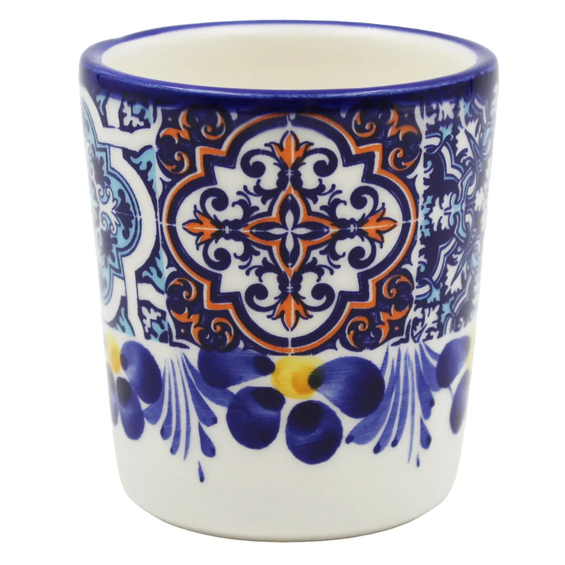 Portuguese Azulejo Ceramic Espresso Cup Set of 2 - Blue Tile Pattern with Floral Hand-Painted Design