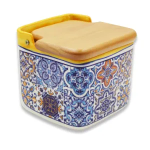 Portuguese Azulejo Ceramic Salt Holder with Wooden Lid, Yellow