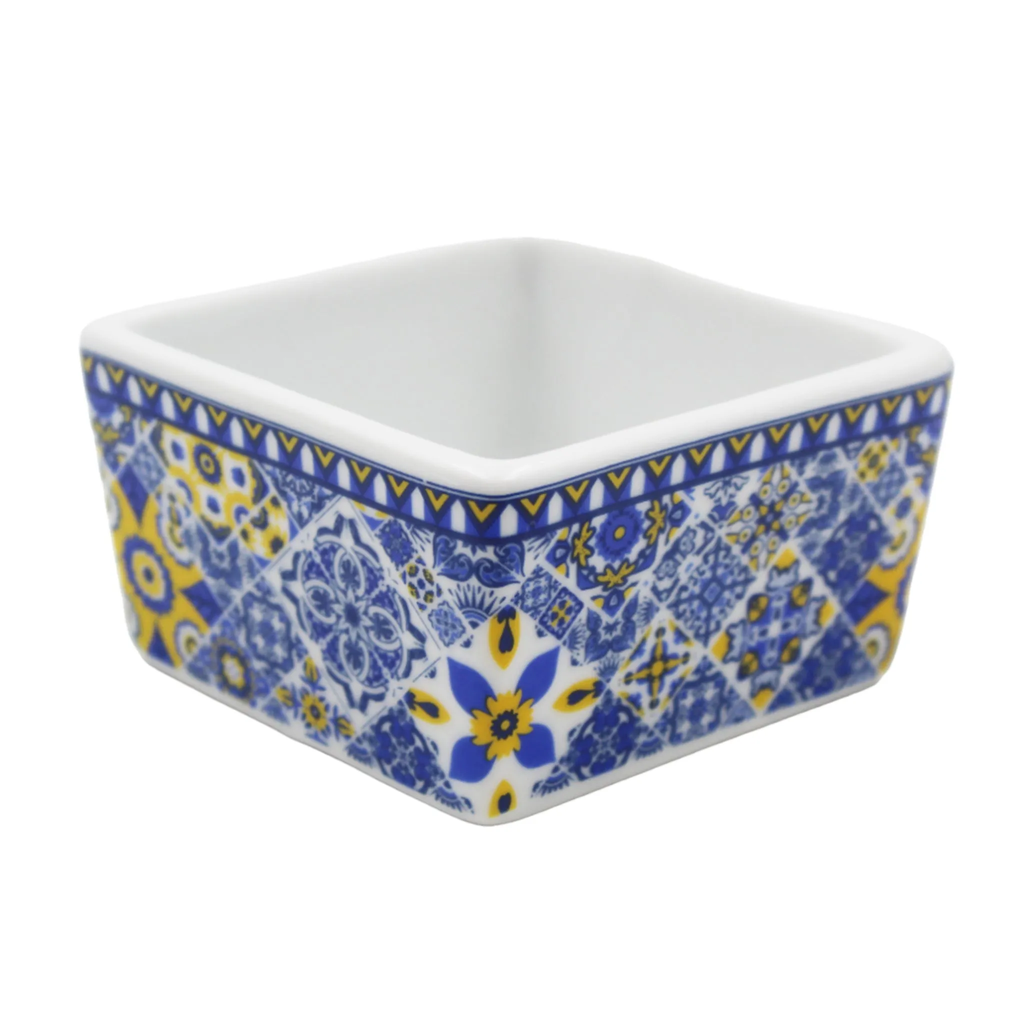 Portuguese Azulejo Style Sauce & Snack Dish with Wooden Serving Tray, Blue & Yellow