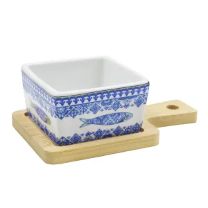 Portuguese Azulejo Style Sauce & Snack Dish with Wooden Serving Tray, Sardine