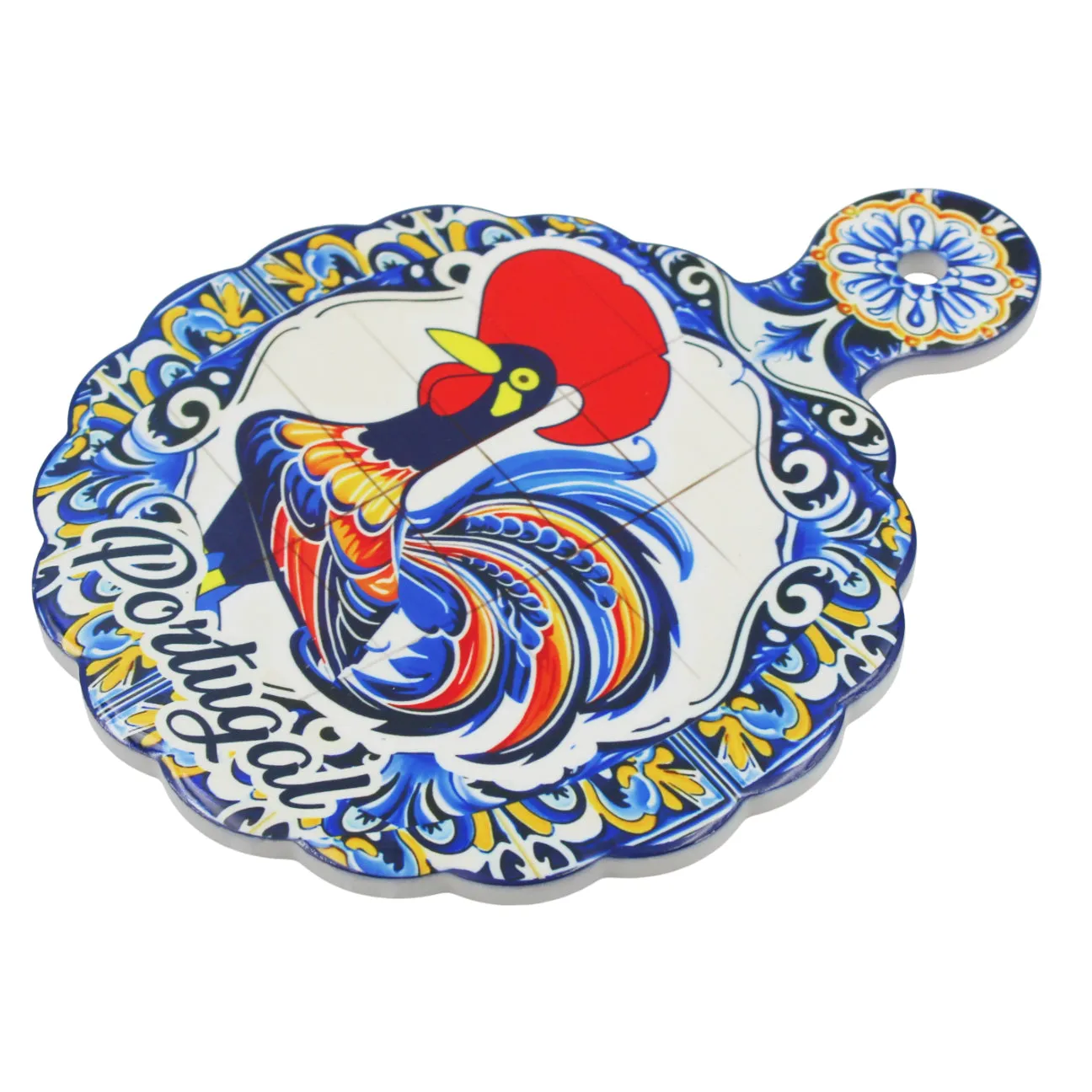 Portuguese Ceramic Decorative Serving Tray with Rooster & Azulejo Design