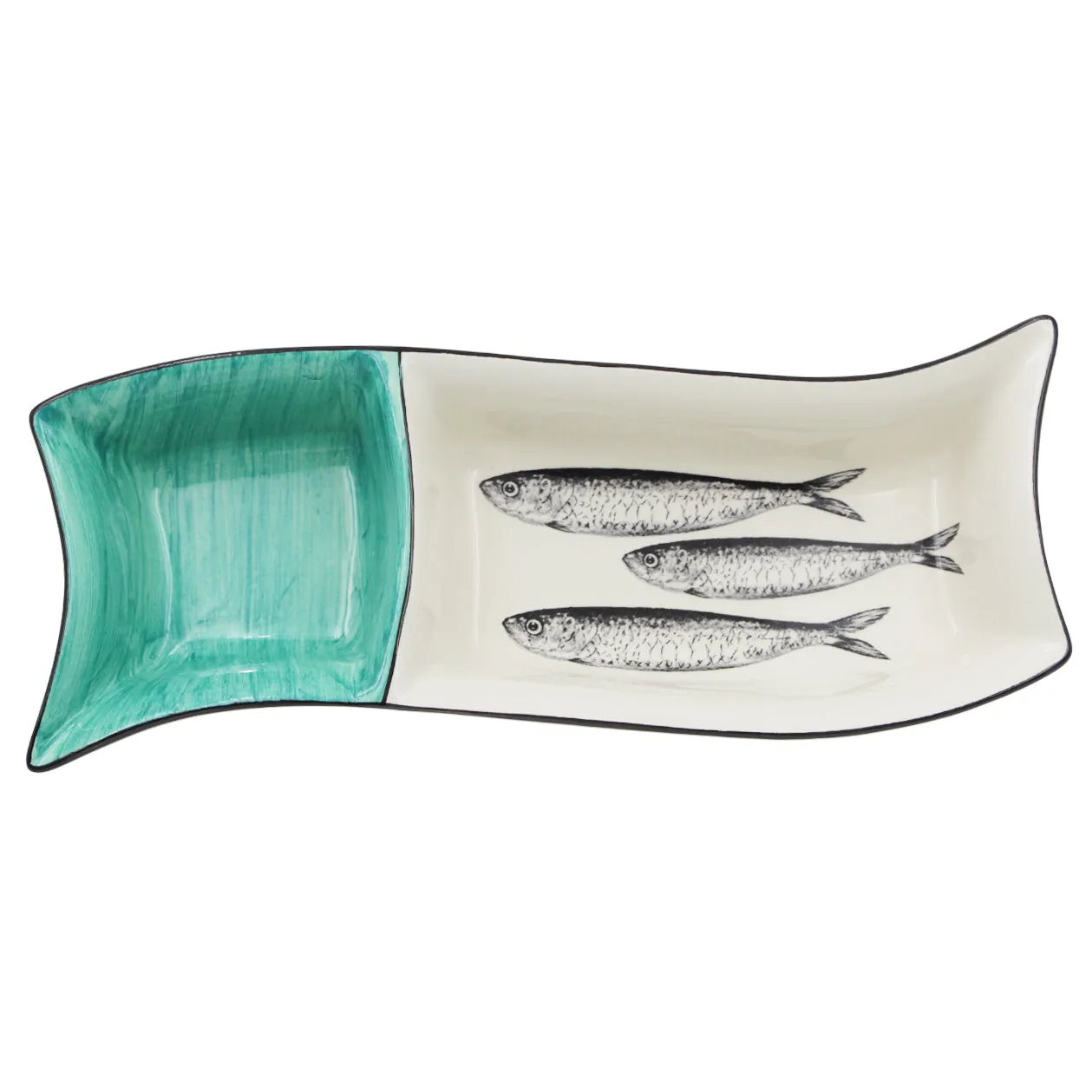 Portuguese Ceramic Divided Serving Dish with Sardine Design and Green Accent