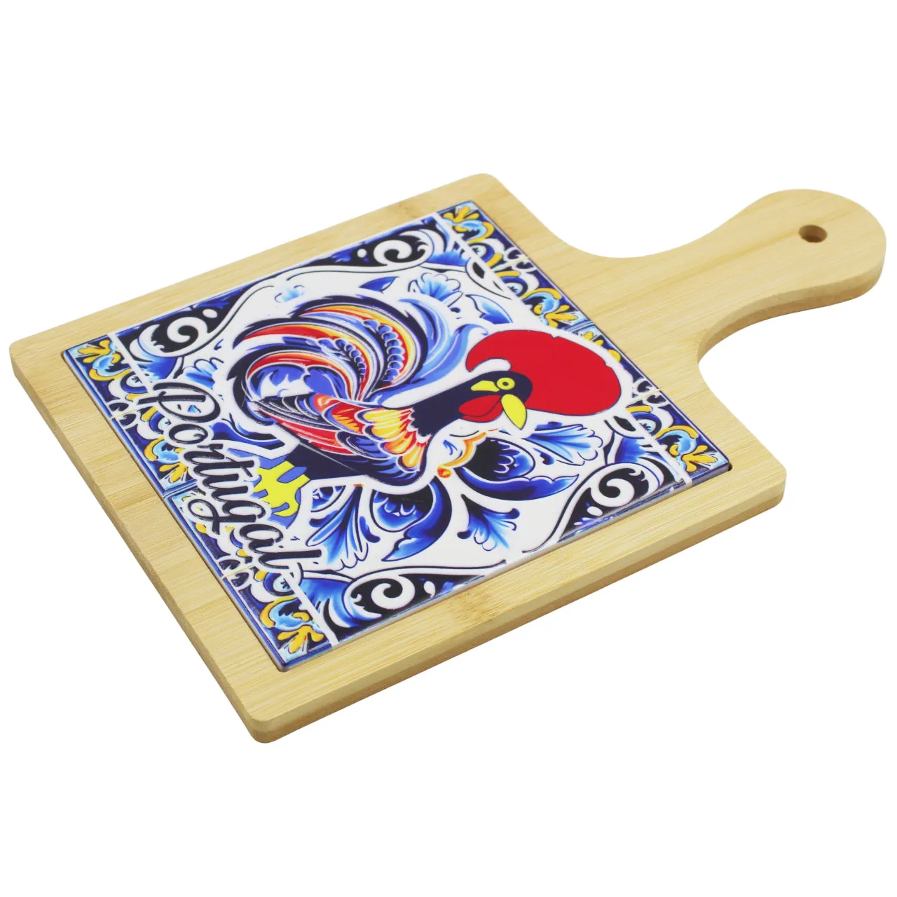 Portuguese Rooster Design Wooden Serving Tray with Ceramic Tile Center