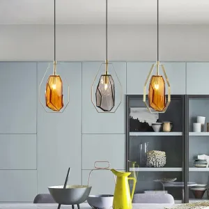 Postmodernist 1-Light Brass Pendant Lamp with Amber/Smoke Grey Glass and Heptagon Frame