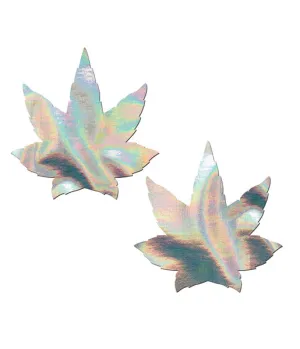 POT LEAF NIPPLE PASTIES - SILVER HOLOGRAM