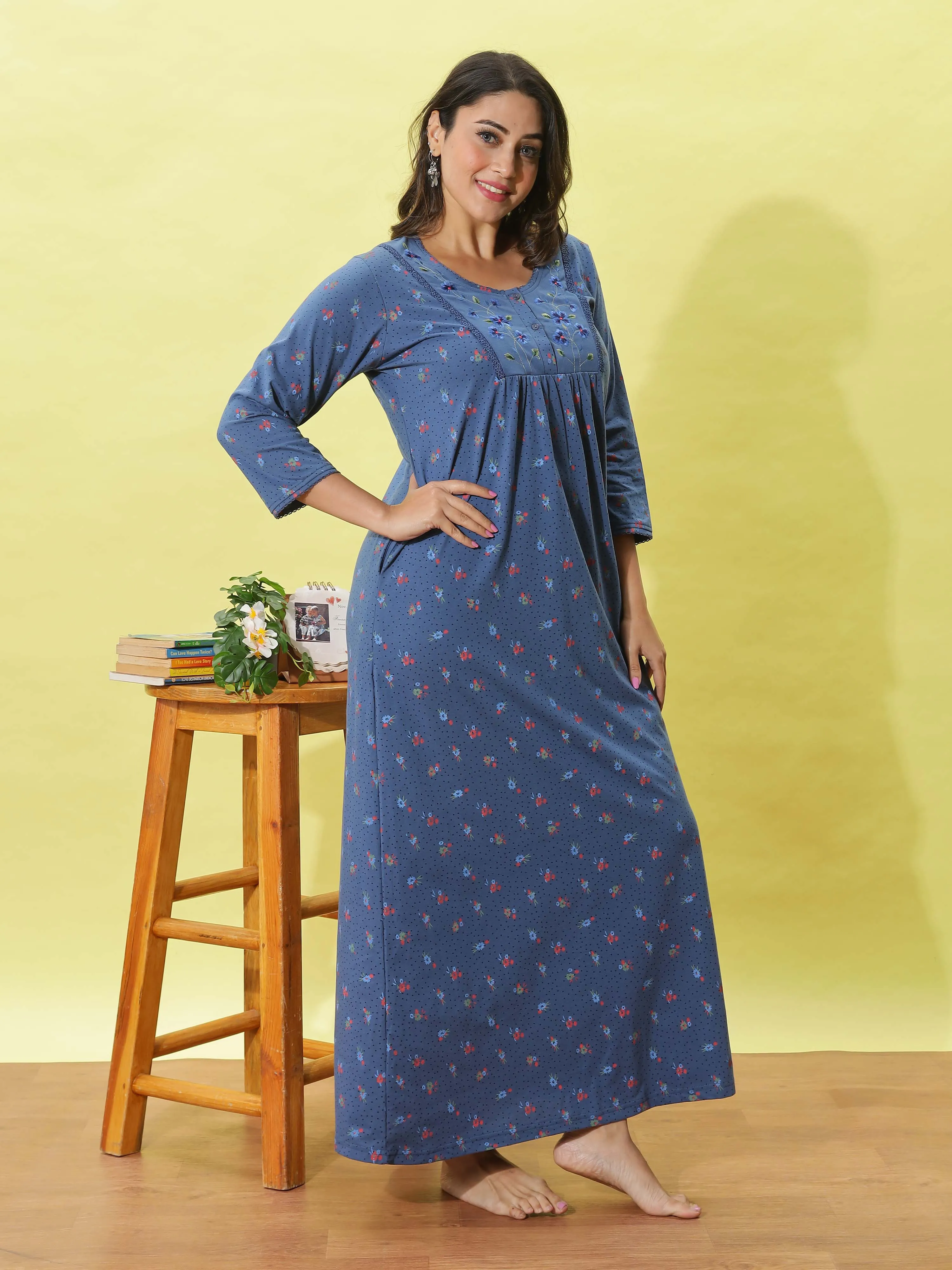 Powder Blue Floral Nighty with Embroidery & 3/4th Sleeves