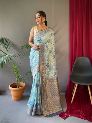 Powder Blue Saree in Cotton Linen