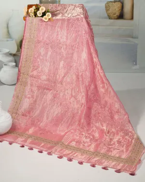 POWDER PINK EMBROIDERED TISSUE SAREE