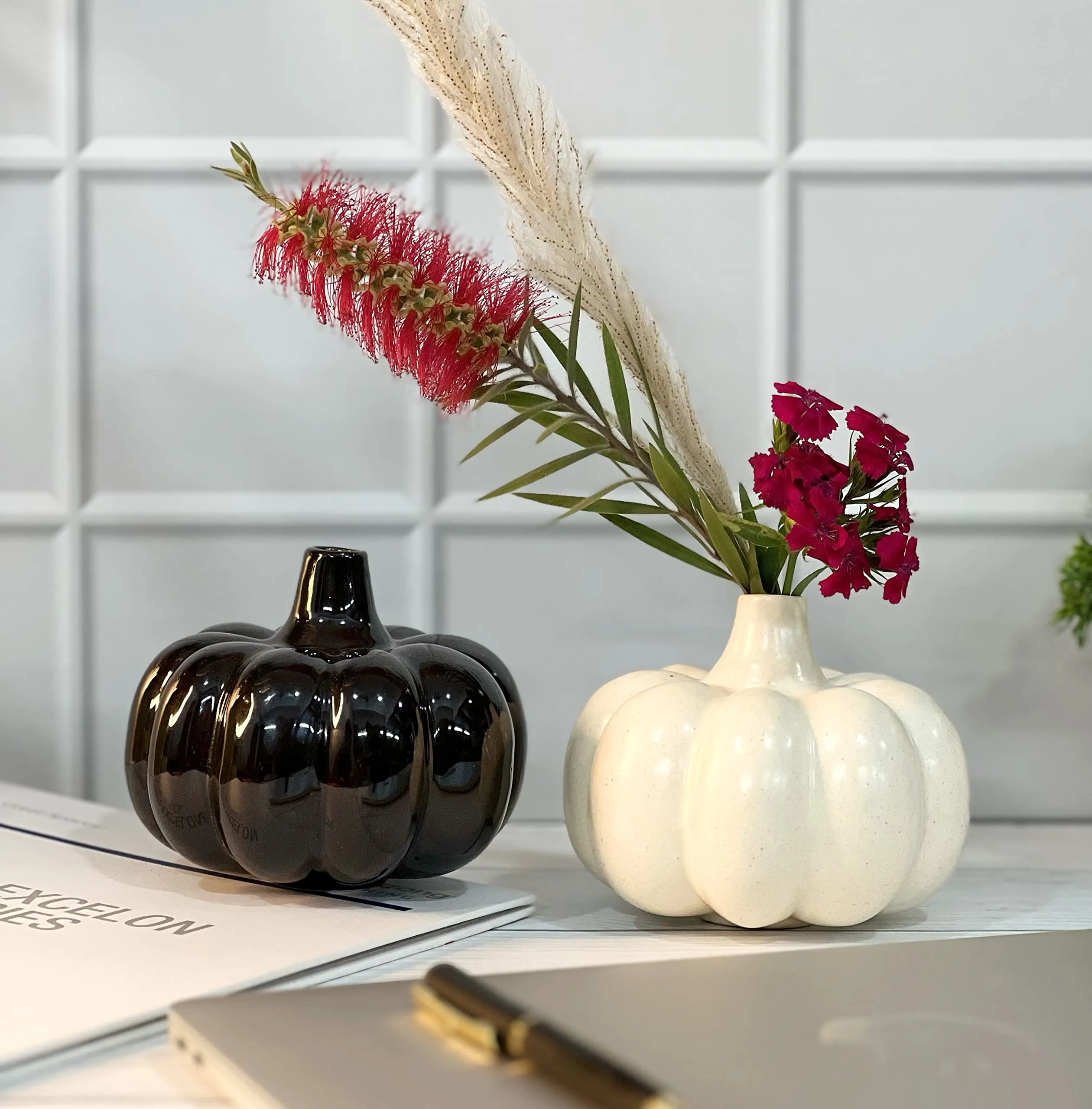 Praahi Lifestyle Handmade Ceramic Pumpkin vase - Set of 2 -Black & White - Modern Home - Office Table Decor vases - Living Room Center Table Ceramic Pot