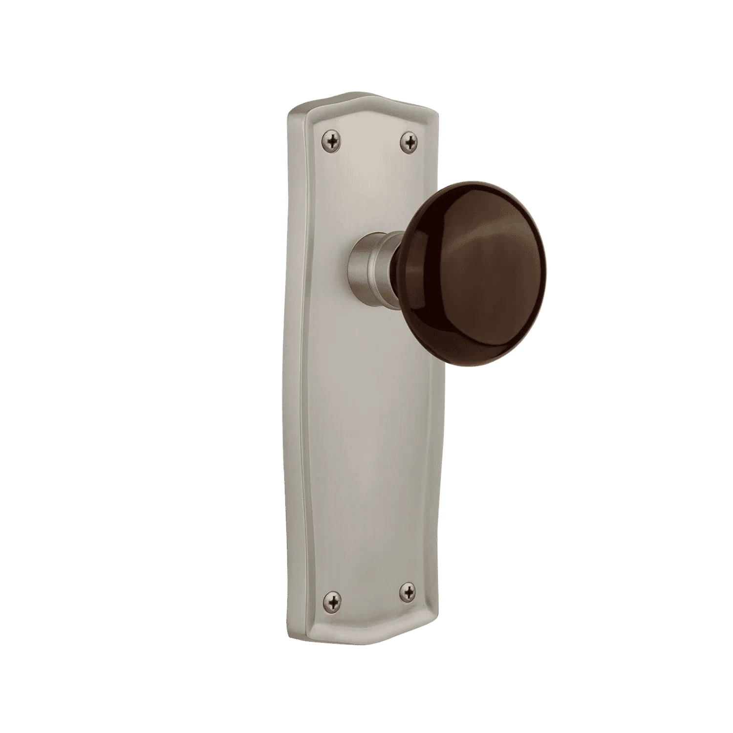 Prairie Long Plate with Brown Porcelain Knob in Satin Nickel