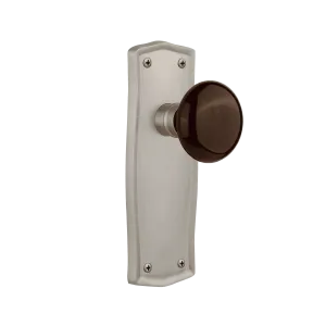 Prairie Long Plate with Brown Porcelain Knob in Satin Nickel