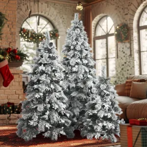 Pre-Lit Spruce Snow Flocked Xmas Tree Set - 4 ft 6 ft, 7.5 ft with Pine Cones, Mixed Leaves, Artificial Hinged Xmas Tree with 820 LED Lights & 11 Flashing Modes, Perfect for Holiday Decoration