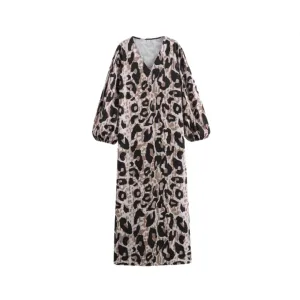 Pre Order:  Animal Print Loose V-Neck Long Sleeved Dress